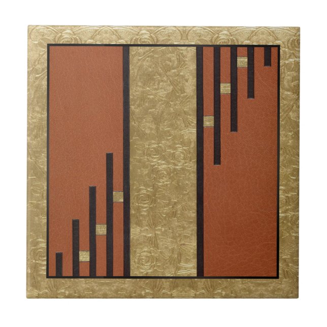Azulejo De Cerâmica Arte Deco Em Dourado E Tan (Frente)