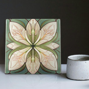 Azulejo De Cerâmica Arte Deco Floral em Verde Sálvia Decoração de Pare