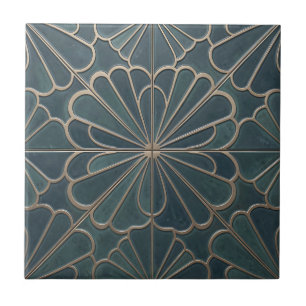 Azulejo De Cerâmica Arte Deco Geométrico em Verde Azul e Dourado com P