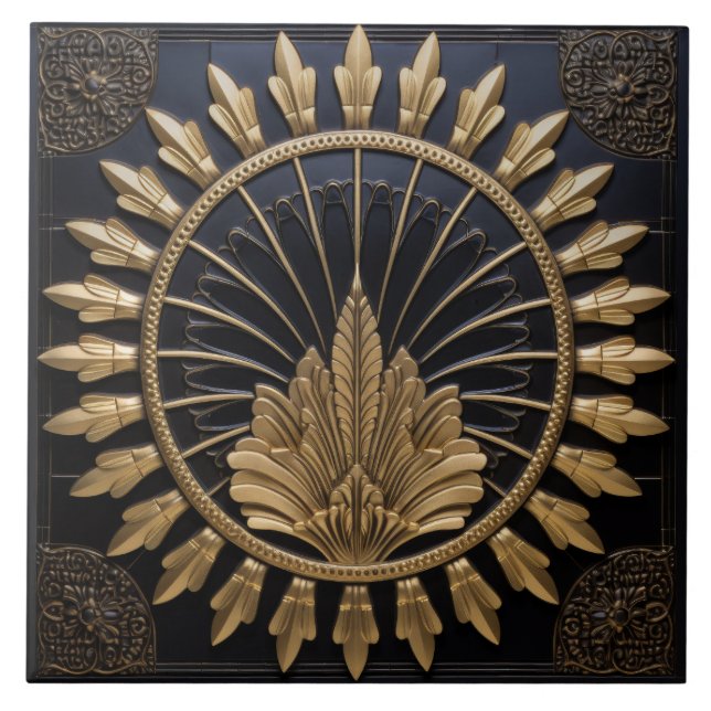 Azulejo De Cerâmica Arte Deco, Lúxo De Círculo Dourado E Preto (Frente)
