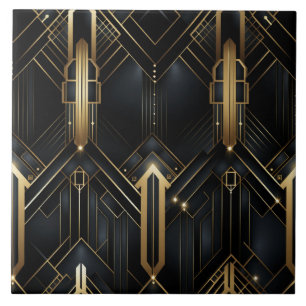 Azulejo De Cerâmica Arte Deco Preto e Dourado com Linhas Arquitetônica