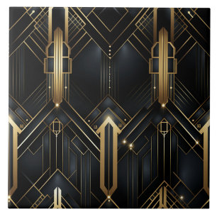 Azulejo De Cerâmica Arte Deco Preto e Dourado com Linhas Arquitetônica