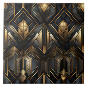 Azulejo De Cerâmica Arte Deco Preto e Dourado Diamantes Emoldurados