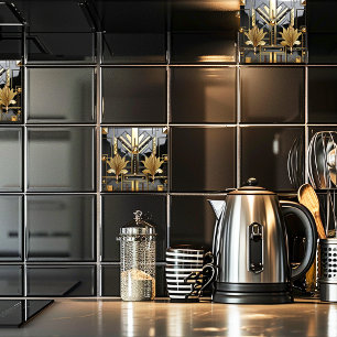 Azulejo De Cerâmica Arte Deco Preto e Dourado Linda