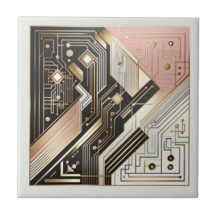 Azulejo De Cerâmica Arte Deco Retro Rosa Dourado e Preto