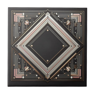 Azulejo De Cerâmica Arte Deco Retro Rosa e Preto Dourado