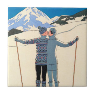 Azulejo De Cerâmica Arte Deco Vintage, Amantes na Neve por George Barb