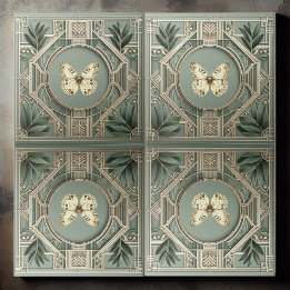 Azulejo De Cerâmica Arte Deco Vintage Borboleta Botânica Verde Salvia