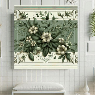 Azulejo De Cerâmica Arte Deco Vintage em Verde Sage Flora Design Botân