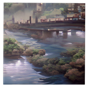 Azulejo De Cerâmica Arte digital ponte sobre o rio azul