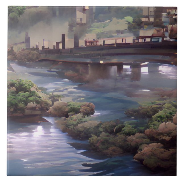 Azulejo De Cerâmica Arte digital ponte sobre o rio azul (Frente)
