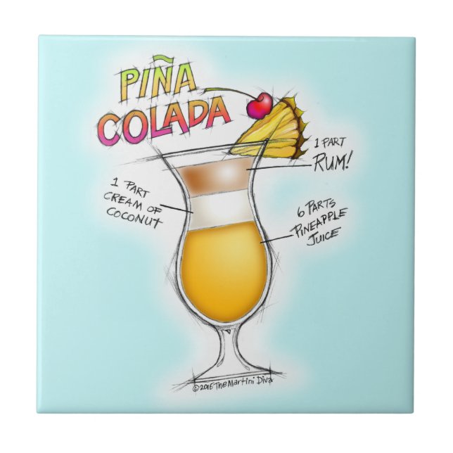 AZULEJO DE CERÂMICA  ARTE DO COCKTAIL DA RECEITA DE PINA COLADA (Frente)