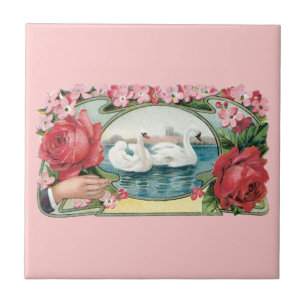 Azulejo De Cerâmica Arte do vintage das cisnes e dos rosas