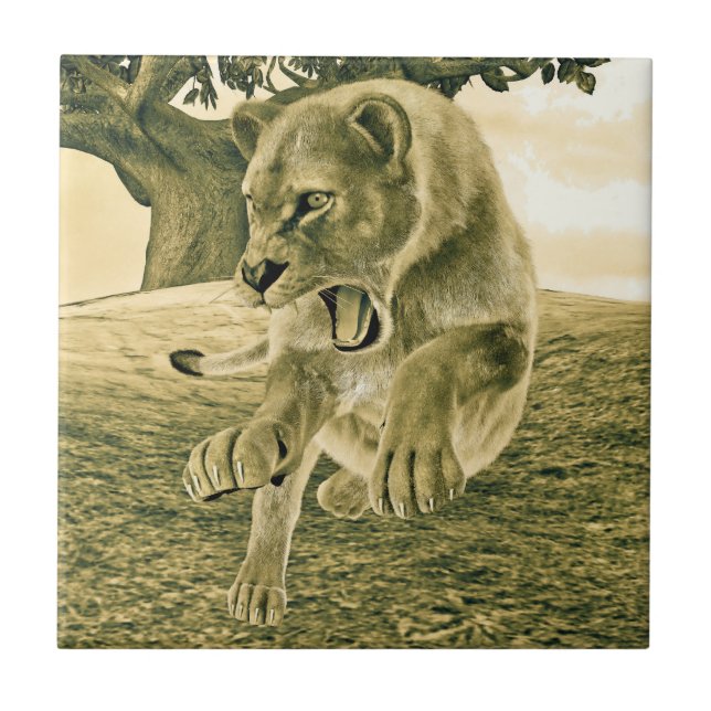Azulejo De Cerâmica Arte Dramática de Leoa em Safari de Vida Selvagem (Frente)