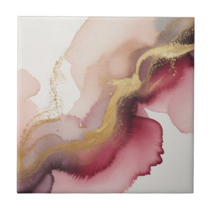 Azulejo De Cerâmica Arte em Aquarela Burgundy e Dourado Elegante