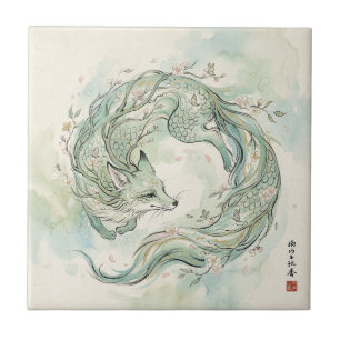 Azulejo De Cerâmica Arte em Aquarela da Raposa Mística Dragão (1)