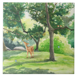Azulejo De Cerâmica Arte em Aquarela de Veado na Floresta Tranquila