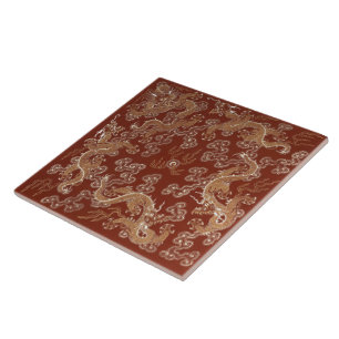 Azulejo De Cerâmica Arte em seda do Dragão Vermelho e Dourado Imperial