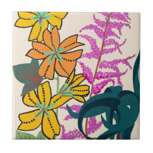 Azulejo De Cerâmica Arte Floral Art Déco Vibrante Magenta e Laranja