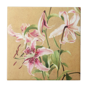 Azulejo De Cerâmica Arte Floral Botânica de Lírio Oriental Rosa Vintag