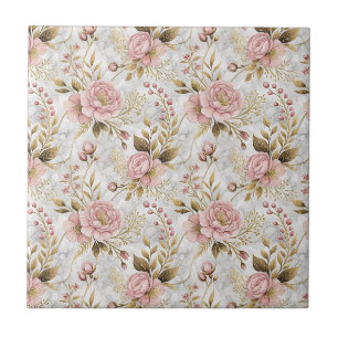 Azulejo De Cerâmica Arte Floral Botânico de Peônia Rosa e Salva
