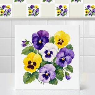 Azulejo De Cerâmica Arte Floral de Pansy Amarelo Roxo Aveludado em Aqu