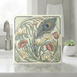 Azulejo De Cerâmica Arte Floral em Pena de Pavão Art Nouveau Pat#1 ID1