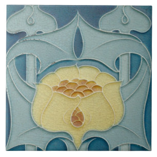 Azulejo De Cerâmica Arte Floral Francesa Amarela Art Nouveau Azul Água