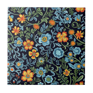 Azulejo De Cerâmica Arte Floral Intrincado: Flores Azuis e Laranjas 
