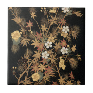 Azulejo De Cerâmica Arte Floral Outonal Preto Dourado Japonês Vintage