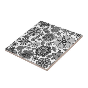 Azulejo De Cerâmica Arte Floral Retro Preto Cinza Branco Padrão Sem Co