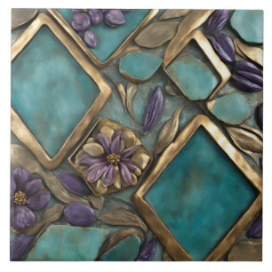 Azulejo De Cerâmica Arte Floral Texturizada em Turquesa e Dourado