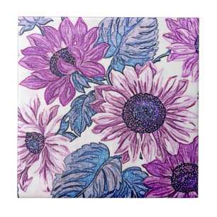 Azulejo De Cerâmica Arte Floral Vintage Roxo e Azul