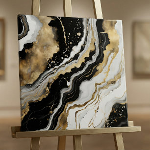 Azulejo De Cerâmica Arte Fluida em Mármore de Ágata Preto e Dourado El