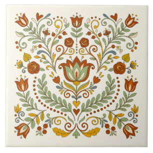 Azulejo De Cerâmica Arte Folclórica Nórdica Retro Tulipa & Rosa