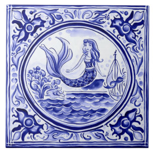 Azulejo De Cerâmica Arte Foliar da Sereia Azul e Branca do Mediterrâne