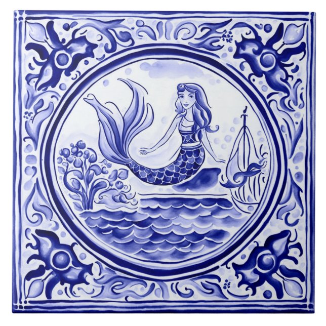 Azulejo De Cerâmica Arte Foliar da Sereia Azul e Branca do Mediterrâne (Frente)