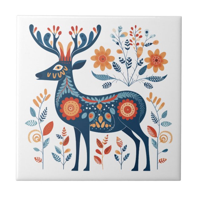 Azulejo De Cerâmica Arte Foliar Escandinava Azul Antler Deer (Frente)