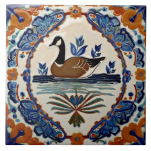Azulejo De Cerâmica Arte Foliar Europeia de Pássaros Brancos Azuis