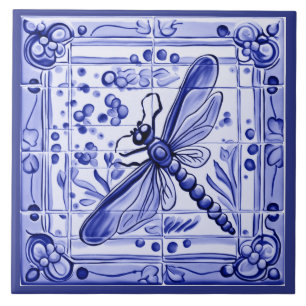 Azulejo De Cerâmica Arte Foliar Mediterrânica de Dragonfly Azul e Bran