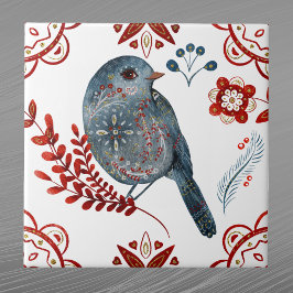 Azulejo De Cerâmica Arte Foliar Nórdica Azul Songbird Watercolor