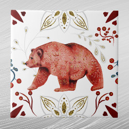 Azulejo De Cerâmica Arte Foliar Nórdica do Urso Vermelho