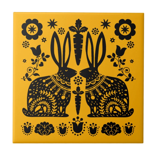 Azulejo De Cerâmica Arte Foliar Nórdica Escandinava do Coelho (Frente)