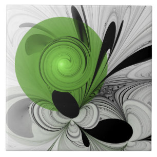 Azulejo De Cerâmica Arte Fractal Abstrata em Preto e Branco com Verde
