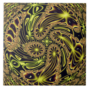 Azulejo De Cerâmica Arte Fractal Abstrata Feliz Dança Neon Dourado