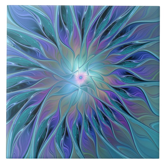 Azulejo De Cerâmica Arte Fractal Abstrato de Sonho Roxo Azul (Frente)