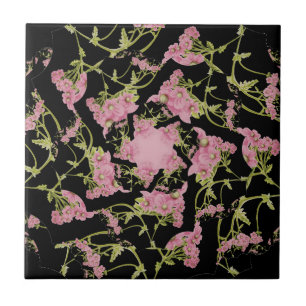 Azulejo De Cerâmica Arte fractal de Achillea, rosa e negra