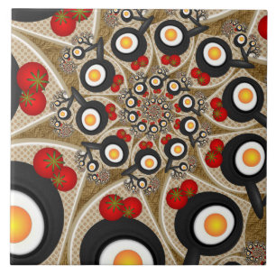 Azulejo De Cerâmica Arte fractal de brunch engraçado, tomates, ovos