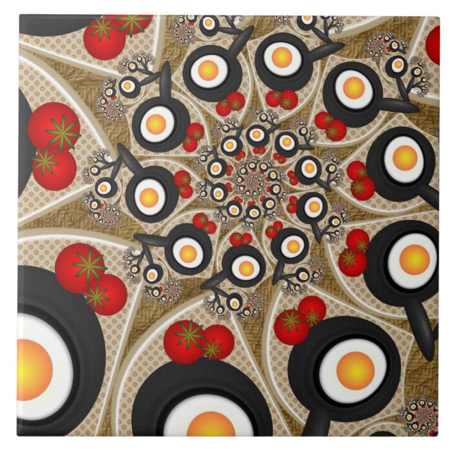 Azulejo De Cerâmica Arte fractal de brunch engraçado, tomates, ovos (Frente)
