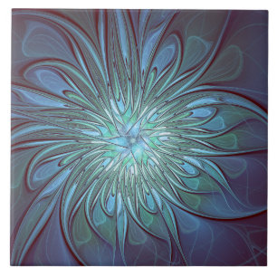 Azulejo De Cerâmica Arte Fractal de Flor Azul Moderno, Abstrato Trendy